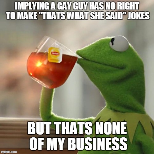 they shouldn't be making "you're mom jokes" either | IMPLYING A GAY GUY HAS NO RIGHT TO MAKE "THATS WHAT SHE SAID" JOKES; BUT THATS NONE OF MY BUSINESS | image tagged in memes,but thats none of my business,kermit the frog | made w/ Imgflip meme maker