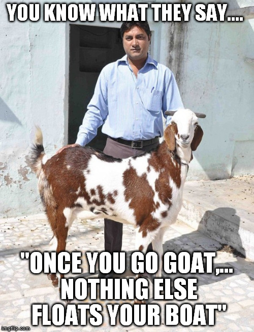 YOU KNOW WHAT THEY SAY.... "ONCE YOU GO GOAT,... NOTHING ELSE FLOATS YOUR BOAT" | made w/ Imgflip meme maker