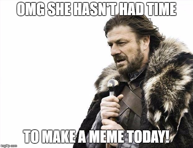 Brace Yourselves X is Coming | OMG SHE HASN'T HAD TIME; TO MAKE A MEME TODAY! | image tagged in memes,brace yourselves x is coming | made w/ Imgflip meme maker