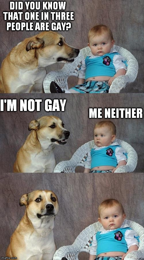 That leaves one person... | DID YOU KNOW THAT ONE IN THREE PEOPLE ARE GAY? I'M NOT GAY; ME NEITHER | image tagged in memes,dad joke dog | made w/ Imgflip meme maker