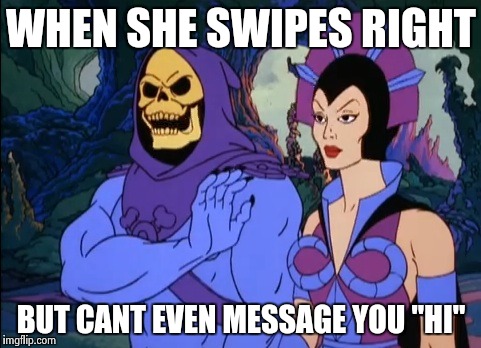 Internet dating | WHEN SHE SWIPES RIGHT; BUT CANT EVEN MESSAGE YOU "HI" | image tagged in skeletor,funny,memes,online dating,men vs women | made w/ Imgflip meme maker