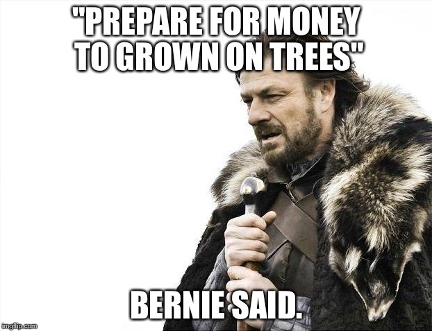 Brace Yourselves X is Coming Meme | "PREPARE FOR MONEY TO GROWN ON TREES"; BERNIE SAID. | image tagged in memes,brace yourselves x is coming | made w/ Imgflip meme maker