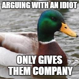 Good Advice Mallard | ARGUING WITH AN IDIOT; ONLY GIVES THEM COMPANY | image tagged in good advice mallard | made w/ Imgflip meme maker