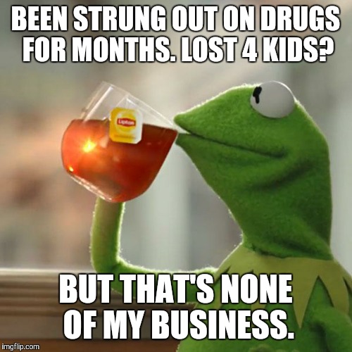 But That's None Of My Business | BEEN STRUNG OUT ON DRUGS FOR MONTHS. LOST 4 KIDS? BUT THAT'S NONE OF MY BUSINESS. | image tagged in memes,but thats none of my business,kermit the frog | made w/ Imgflip meme maker