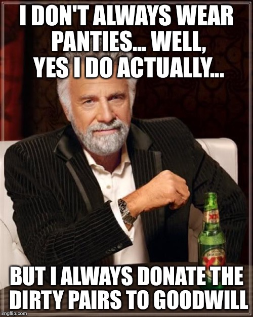 The Most Interesting Man In The World Meme | I DON'T ALWAYS WEAR PANTIES... WELL, YES I DO ACTUALLY... BUT I ALWAYS DONATE THE DIRTY PAIRS TO GOODWILL | image tagged in memes,the most interesting man in the world | made w/ Imgflip meme maker