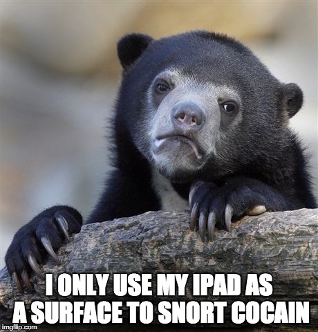 Confession Bear Meme | I ONLY USE MY IPAD AS A SURFACE TO SNORT COCAIN | image tagged in memes,confession bear | made w/ Imgflip meme maker