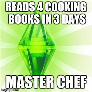 The Sims, doing things you don't want to do in real life so you do 'em in a video game.  | READS 4 COOKING BOOKS IN 3 DAYS; MASTER CHEF | image tagged in sims | made w/ Imgflip meme maker