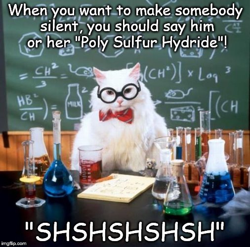 Chemistry Cat |  When you want to make somebody silent, you should say him or her "Poly Sulfur Hydride"! "SHSHSHSHSH" | image tagged in memes,chemistry cat,sulfur,hydrogen,silent,elements | made w/ Imgflip meme maker