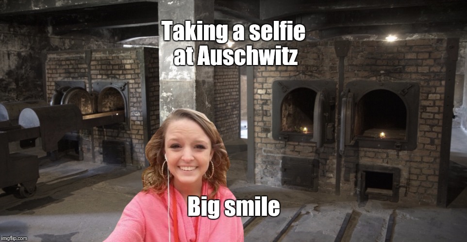 Inappropriate smile | Taking a selfie at Auschwitz; Big smile | image tagged in creepy smile | made w/ Imgflip meme maker