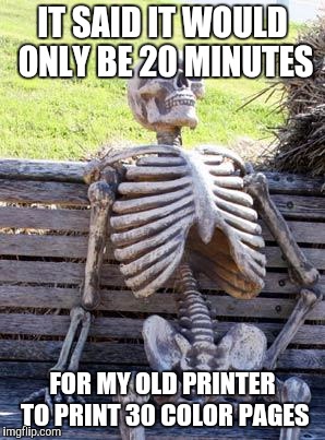 When Making The Yearbook | IT SAID IT WOULD ONLY BE 20 MINUTES; FOR MY OLD PRINTER TO PRINT 30 COLOR PAGES | image tagged in memes,waiting skeleton,yearbook,waiting,forever,printer | made w/ Imgflip meme maker