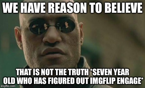 Matrix Morpheus Meme | WE HAVE REASON TO BELIEVE THAT IS NOT THE TRUTH *SEVEN YEAR OLD WHO HAS FIGURED OUT IMGFLIP ENGAGE* | image tagged in memes,matrix morpheus | made w/ Imgflip meme maker
