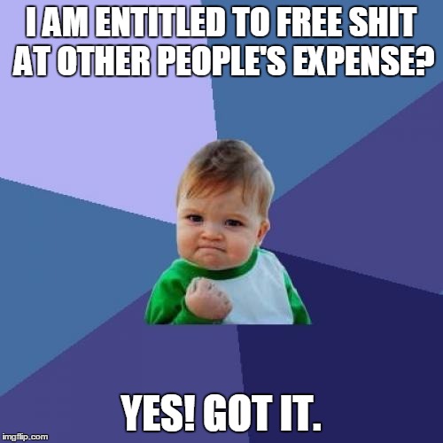 Success Kid Meme | I AM ENTITLED TO FREE SHIT AT OTHER PEOPLE'S EXPENSE? YES! GOT IT. | image tagged in memes,success kid | made w/ Imgflip meme maker