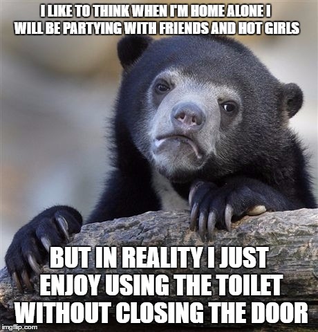 Confession Bear | I LIKE TO THINK WHEN I'M HOME ALONE I WILL BE PARTYING WITH FRIENDS AND HOT GIRLS; BUT IN REALITY I JUST ENJOY USING THE TOILET WITHOUT CLOSING THE DOOR | image tagged in memes,confession bear,home alone,party,hot girl | made w/ Imgflip meme maker