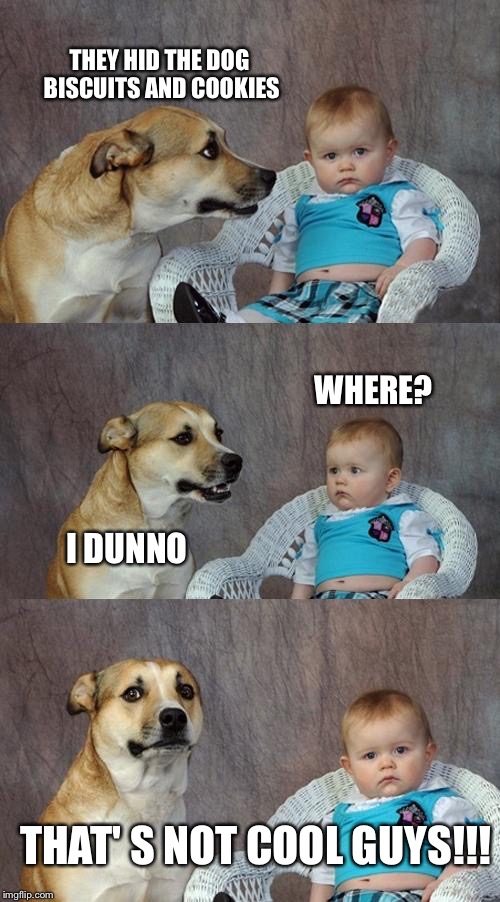 Dad Joke Dog Meme | THEY HID THE DOG BISCUITS AND COOKIES; WHERE? I DUNNO; THAT' S NOT COOL GUYS!!! | image tagged in memes,dad joke dog | made w/ Imgflip meme maker