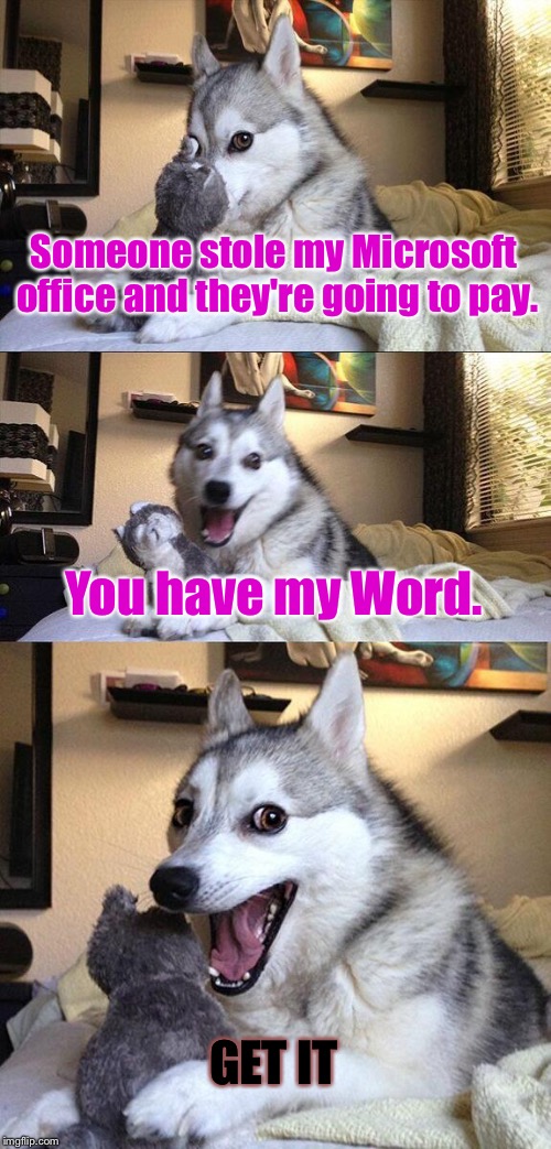 Bad Pun Dog | Someone stole my Microsoft office and they're going to pay. You have my Word. GET IT | image tagged in memes,bad pun dog | made w/ Imgflip meme maker