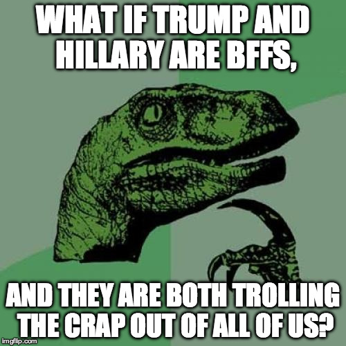 Trump and Hillary Troll | WHAT IF TRUMP AND HILLARY ARE BFFS, AND THEY ARE BOTH TROLLING THE CRAP OUT OF ALL OF US? | image tagged in memes,philosoraptor,trump,hillary,troll,funny | made w/ Imgflip meme maker