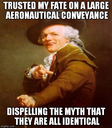 TRUSTED MY FATE ON A LARGE AERONAUTICAL CONVEYANCE DISPELLING THE MYTH THAT THEY ARE ALL IDENTICAL | made w/ Imgflip meme maker