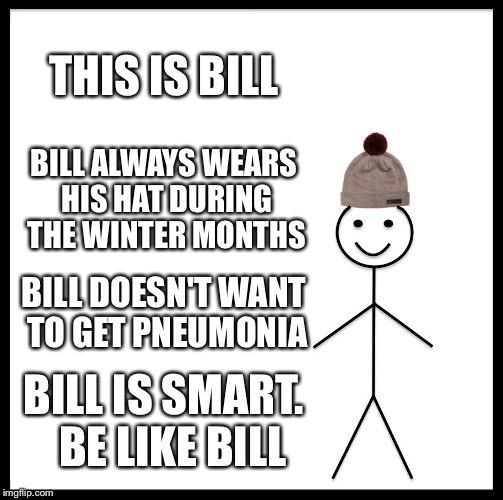 Be Like Bill | THIS IS BILL; BILL ALWAYS WEARS HIS HAT DURING THE WINTER MONTHS; BILL DOESN'T WANT TO GET PNEUMONIA; BILL IS SMART. 
BE LIKE BILL | image tagged in memes,be like bill | made w/ Imgflip meme maker