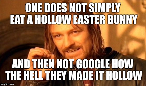 You don't care until you eat one, just like you don't care you don't have roadside assistance until you get a flat with no spare | ONE DOES NOT SIMPLY EAT A HOLLOW EASTER BUNNY; AND THEN NOT GOOGLE HOW THE HELL THEY MADE IT HOLLOW | image tagged in memes,one does not simply,easter,chocolate,bunny | made w/ Imgflip meme maker