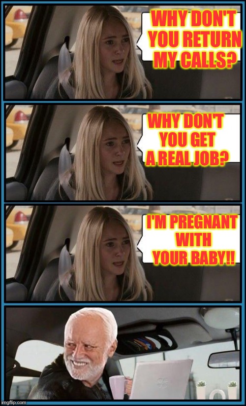 Harold Driving | WHY DON'T YOU RETURN MY CALLS? WHY DON'T YOU GET A REAL JOB? I'M PREGNANT WITH YOUR BABY!! | image tagged in harold driving | made w/ Imgflip meme maker
