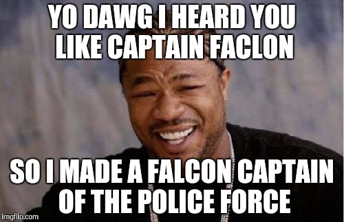 Like Captain Falcon? | YO DAWG I HEARD YOU LIKE CAPTAIN FACLON; SO I MADE A FALCON CAPTAIN OF THE POLICE FORCE | image tagged in memes,yo dawg heard you,captain falcon | made w/ Imgflip meme maker