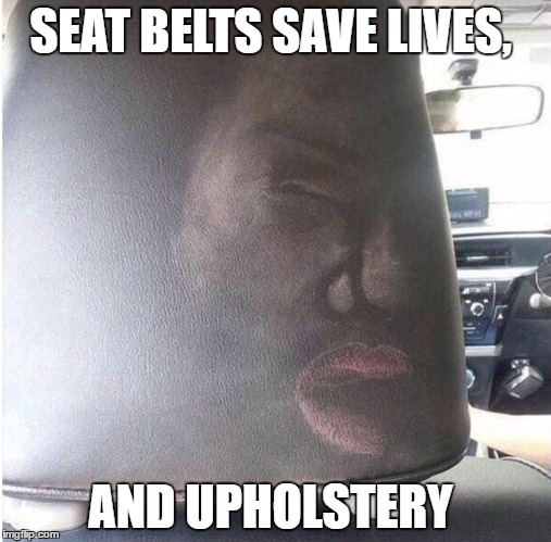 I Think She Went A Big To Dark On The Lips | SEAT BELTS SAVE LIVES, AND UPHOLSTERY | image tagged in seatbelt,makeup,memes,lol | made w/ Imgflip meme maker