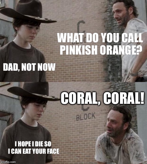 Rick and Carl Meme | WHAT DO YOU CALL PINKISH ORANGE? DAD, NOT NOW; CORAL, CORAL! I HOPE I DIE SO I CAN EAT YOUR FACE | image tagged in memes,rick and carl | made w/ Imgflip meme maker
