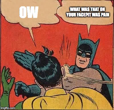 Batman Slapping Robin Meme | OW; WHAT WAS THAT ON YOUR FACE?IT WAS PAIN | image tagged in memes,batman slapping robin | made w/ Imgflip meme maker