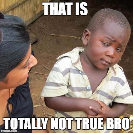 Third World Skeptical Kid Meme | THAT IS TOTALLY NOT TRUE BRO | image tagged in memes,third world skeptical kid | made w/ Imgflip meme maker