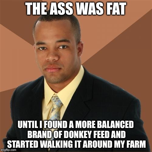 Successful Black Man Meme | THE ASS WAS FAT; UNTIL I FOUND A MORE BALANCED BRAND OF DONKEY FEED AND STARTED WALKING IT AROUND MY FARM | image tagged in memes,successful black man | made w/ Imgflip meme maker