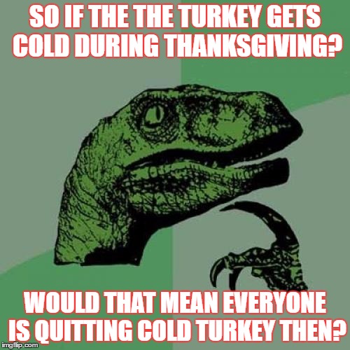 Philosoraptor | SO IF THE THE TURKEY GETS COLD DURING THANKSGIVING? WOULD THAT MEAN EVERYONE IS QUITTING COLD TURKEY THEN? | image tagged in memes,philosoraptor | made w/ Imgflip meme maker
