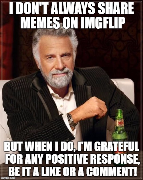 Thanks, y'all :) | I DON'T ALWAYS SHARE MEMES ON IMGFLIP; BUT WHEN I DO, I'M GRATEFUL FOR ANY POSITIVE RESPONSE, BE IT A LIKE OR A COMMENT! | image tagged in memes,the most interesting man in the world | made w/ Imgflip meme maker