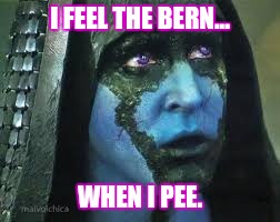 Ronan the sensitive | I FEEL THE BERN... WHEN I PEE. | image tagged in overly sensitive | made w/ Imgflip meme maker