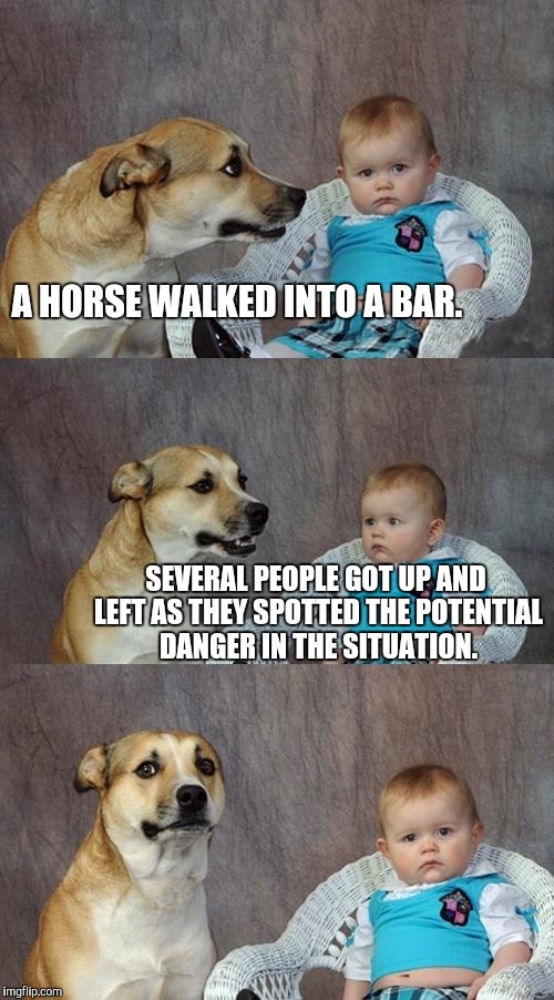 Anti joke dog | A HORSE WALKED INTO A BAR. SEVERAL PEOPLE GOT UP AND LEFT AS THEY SPOTTED THE POTENTIAL DANGER IN THE SITUATION. | image tagged in memes,dad joke dog,anti joke | made w/ Imgflip meme maker