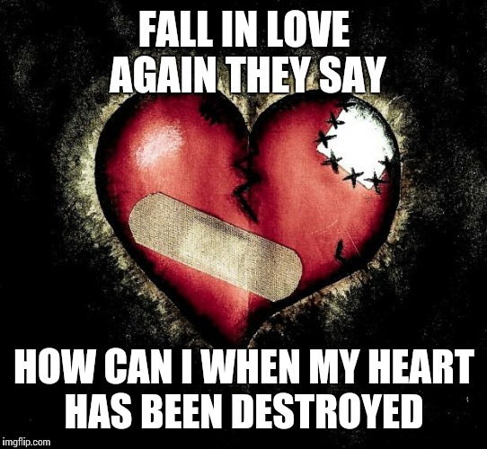 Broken heart | FALL IN LOVE AGAIN THEY SAY; HOW CAN I WHEN MY HEART HAS BEEN DESTROYED | image tagged in broken heart | made w/ Imgflip meme maker