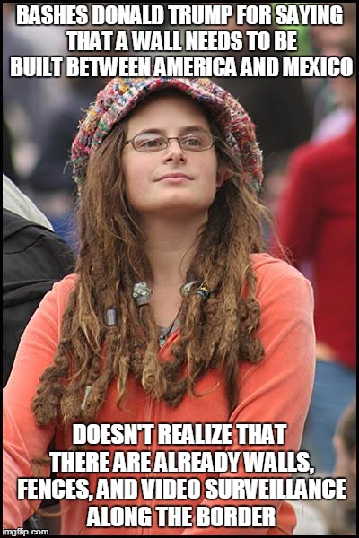 College Liberal Meme | BASHES DONALD TRUMP FOR SAYING THAT A WALL NEEDS TO BE BUILT BETWEEN AMERICA AND MEXICO; DOESN'T REALIZE THAT THERE ARE ALREADY WALLS, FENCES, AND VIDEO SURVEILLANCE ALONG THE BORDER | image tagged in memes,college liberal | made w/ Imgflip meme maker