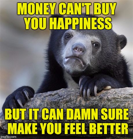 Confession Bear Meme | MONEY CAN'T BUY YOU HAPPINESS; BUT IT CAN DAMN SURE MAKE YOU FEEL BETTER | image tagged in memes,confession bear | made w/ Imgflip meme maker
