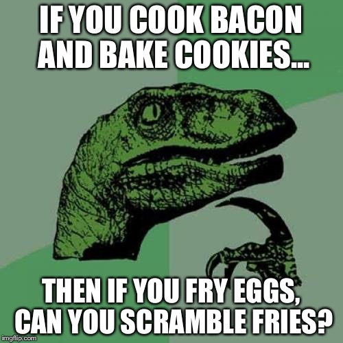 Philosoraptor | IF YOU COOK BACON AND BAKE COOKIES... THEN IF YOU FRY EGGS, CAN YOU SCRAMBLE FRIES? | image tagged in memes,philosoraptor | made w/ Imgflip meme maker