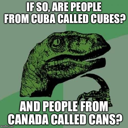 Philosoraptor Meme | IF SO, ARE PEOPLE FROM CUBA CALLED CUBES? AND PEOPLE FROM CANADA CALLED CANS? | image tagged in memes,philosoraptor | made w/ Imgflip meme maker