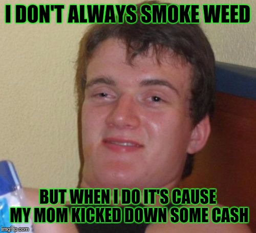 10 Guy | I DON'T ALWAYS SMOKE WEED; BUT WHEN I DO IT'S CAUSE MY MOM KICKED DOWN SOME CASH | image tagged in memes,10 guy | made w/ Imgflip meme maker