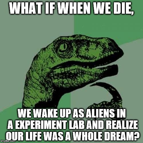 Philosoraptor Meme | WHAT IF WHEN WE DIE, WE WAKE UP AS ALIENS IN A EXPERIMENT LAB AND REALIZE OUR LIFE WAS A WHOLE DREAM? | image tagged in memes,philosoraptor | made w/ Imgflip meme maker