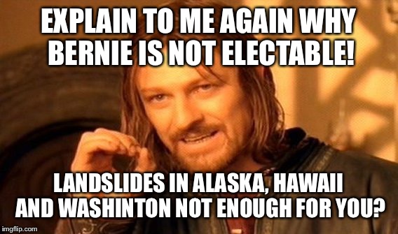 One Does Not Simply Meme | EXPLAIN TO ME AGAIN WHY BERNIE IS NOT ELECTABLE! LANDSLIDES IN ALASKA, HAWAII AND WASHINTON NOT ENOUGH FOR YOU? | image tagged in memes,one does not simply | made w/ Imgflip meme maker