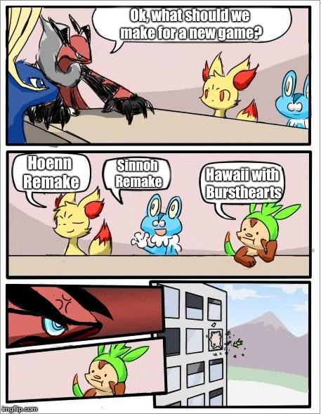 Pokemon board meeting | Ok, what should we make for a new game? Sinnoh Remake; Hoenn Remake; Hawaii with Bursthearts | image tagged in pokemon board meeting | made w/ Imgflip meme maker