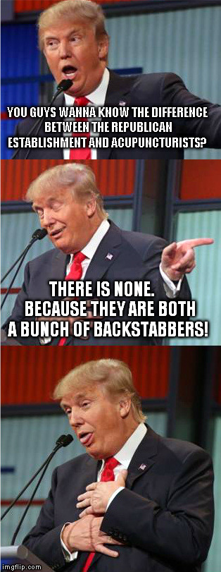 republican establishment | YOU GUYS WANNA KNOW THE DIFFERENCE BETWEEN THE REPUBLICAN ESTABLISHMENT AND ACUPUNCTURISTS? THERE IS NONE.     BECAUSE THEY ARE BOTH A BUNCH OF BACKSTABBERS! | image tagged in bad pun trump,republican,establishment,acupuncturists,funny | made w/ Imgflip meme maker