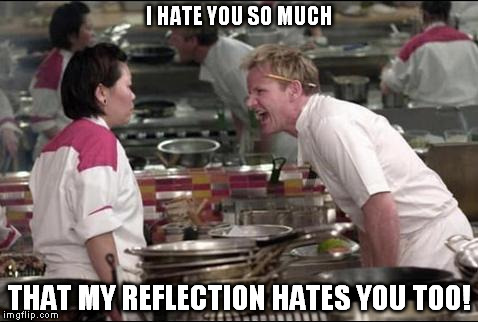 my reflection | I HATE YOU SO MUCH; THAT MY REFLECTION HATES YOU TOO! | image tagged in memes,angry chef gordon ramsay,reflection,hate | made w/ Imgflip meme maker