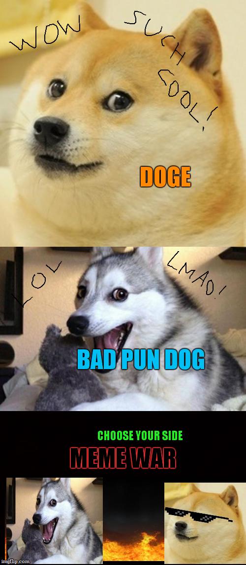 MEME WAR!DOGE VS BAD PUN DOGE !VOTE NOW IN COMMENTS | DOGE; BAD PUN DOG; MEME WAR; CHOOSE YOUR SIDE | image tagged in meme,meme war,doge,bad pun dog,funny | made w/ Imgflip meme maker
