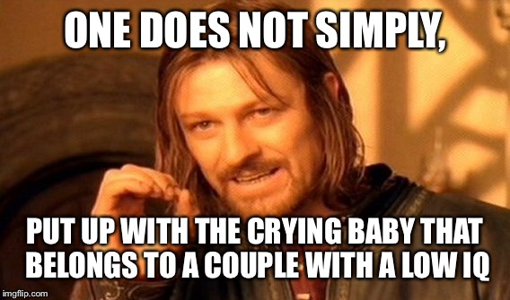 One Does Not Simply Meme | ONE DOES NOT SIMPLY, PUT UP WITH THE CRYING BABY THAT BELONGS TO A COUPLE WITH A LOW IQ | image tagged in memes,one does not simply | made w/ Imgflip meme maker