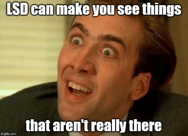 Drugs Are Bad Mmmkay | LSD can make you see things; that aren't really there | image tagged in nicolas cage,lsd,drugs are bad,spunion | made w/ Imgflip meme maker
