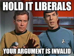 Kirk and Spock have had enough | HOLD IT LIBERALS; YOUR ARGUMENT IS INVALID | image tagged in memes,star trek | made w/ Imgflip meme maker
