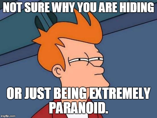 Futurama Fry Meme | NOT SURE WHY YOU ARE HIDING OR JUST BEING EXTREMELY PARANOID. | image tagged in memes,futurama fry | made w/ Imgflip meme maker